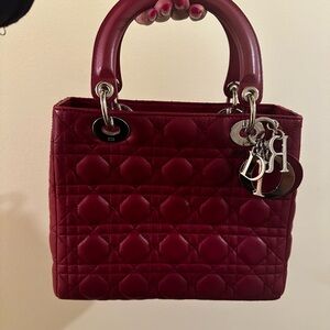 Medium Lady Dior in Lambskin, Cannage Red w/ matching Lipstick Holder
